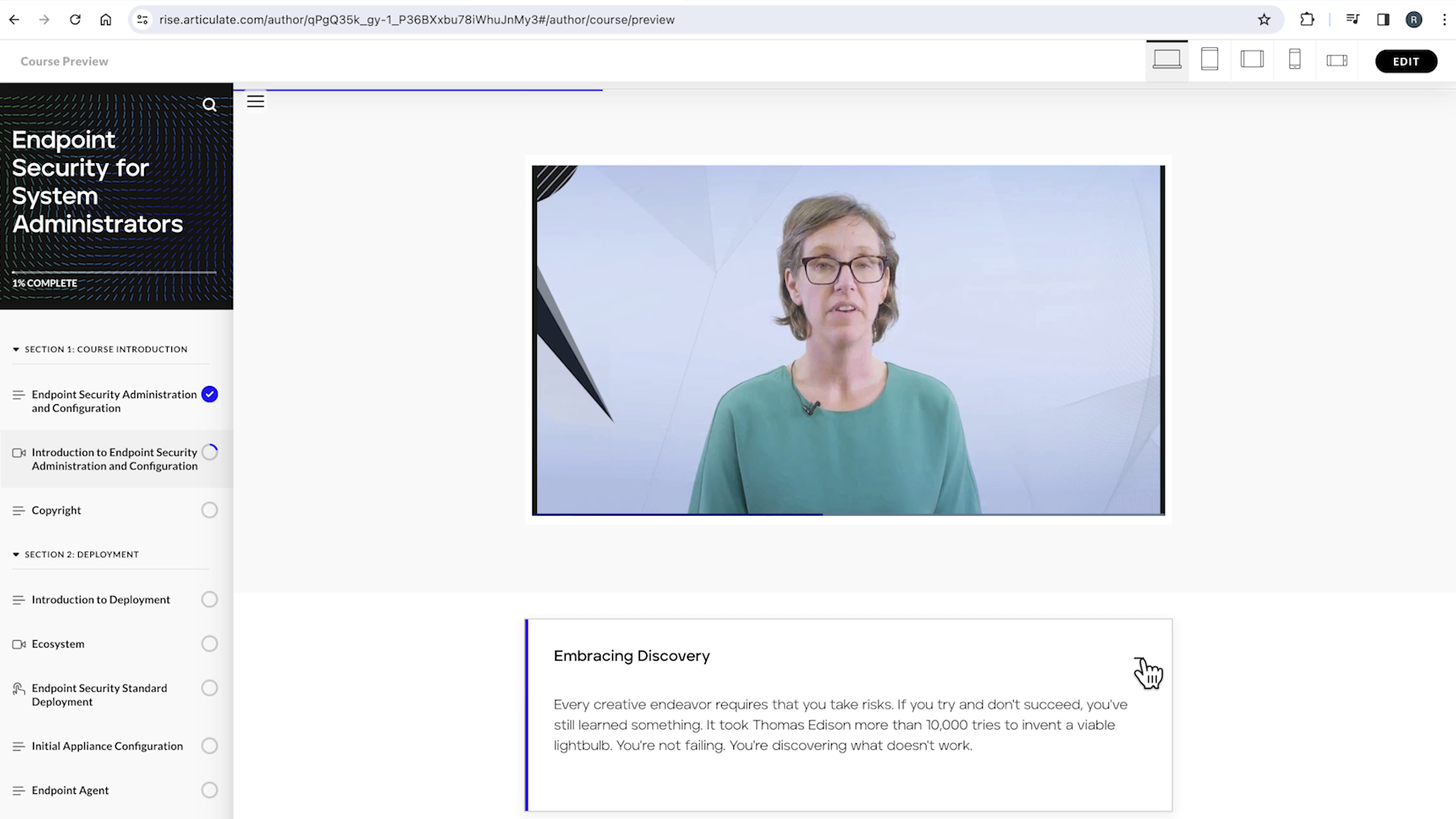 Custom video rintegration using Articulate Rise, ecorded in studio by me, uploaded and linked from a third party video vendor